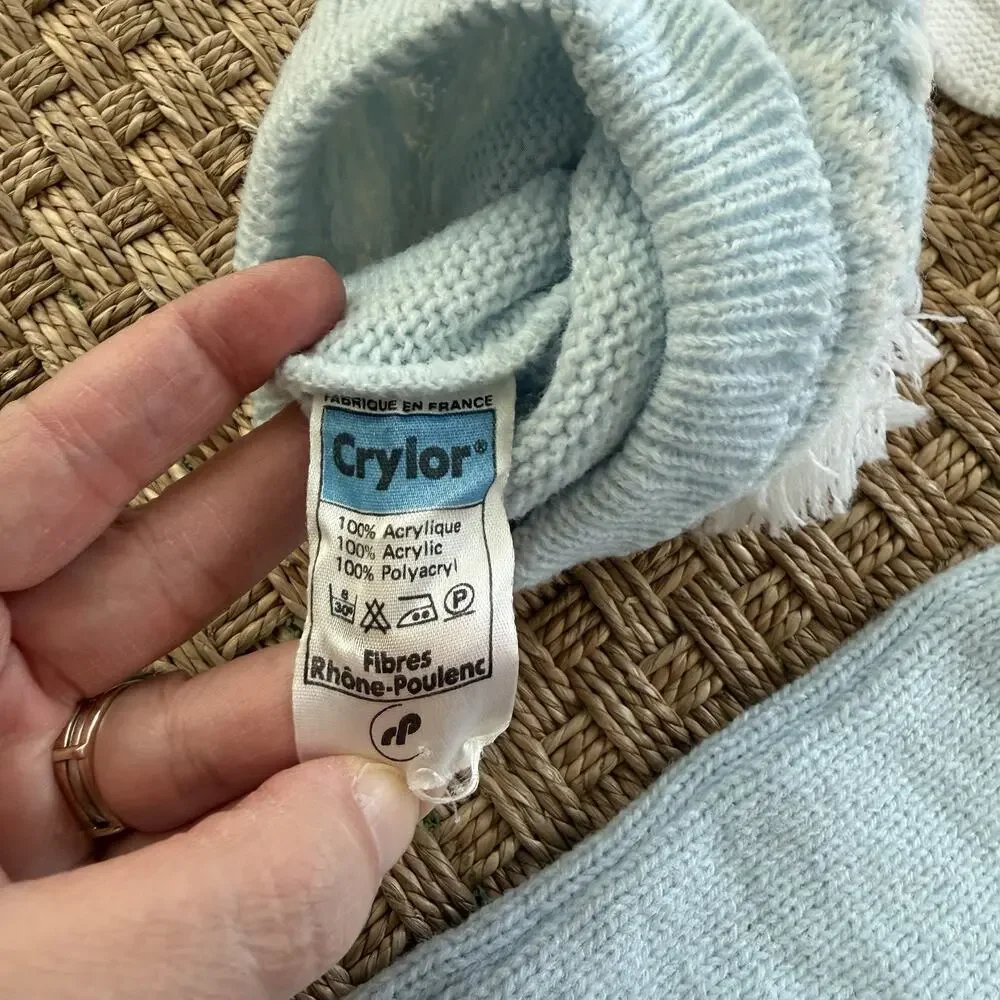 Vintage Heirloom Baby Boy’s Crylor Overalls, Cardigan & Knit Hat Baby Blue Set